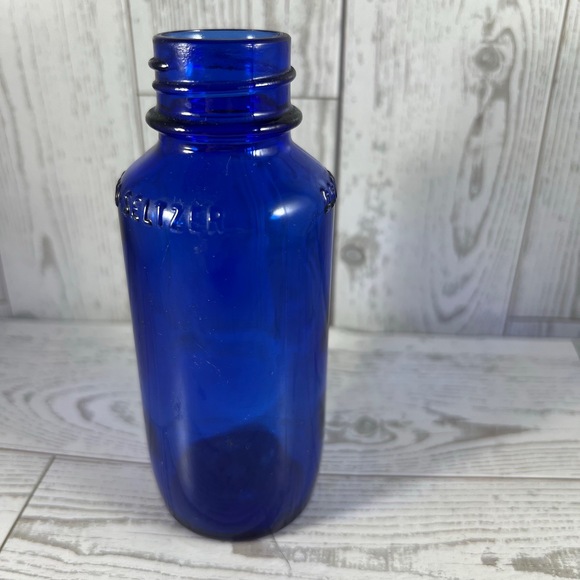 Bromo Seltzer Bottle Small Blue Vintage Embossed Apothecary Retro - Picture 3 of 5